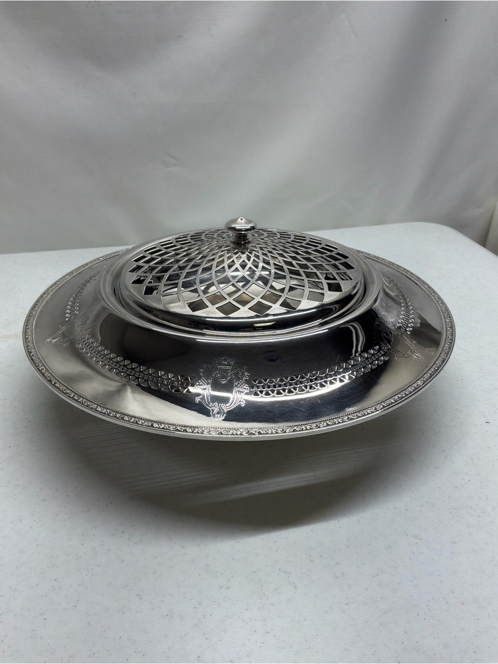 Sheffield Silver Plate Pedestal Floral Frog Bowl Centerpiece